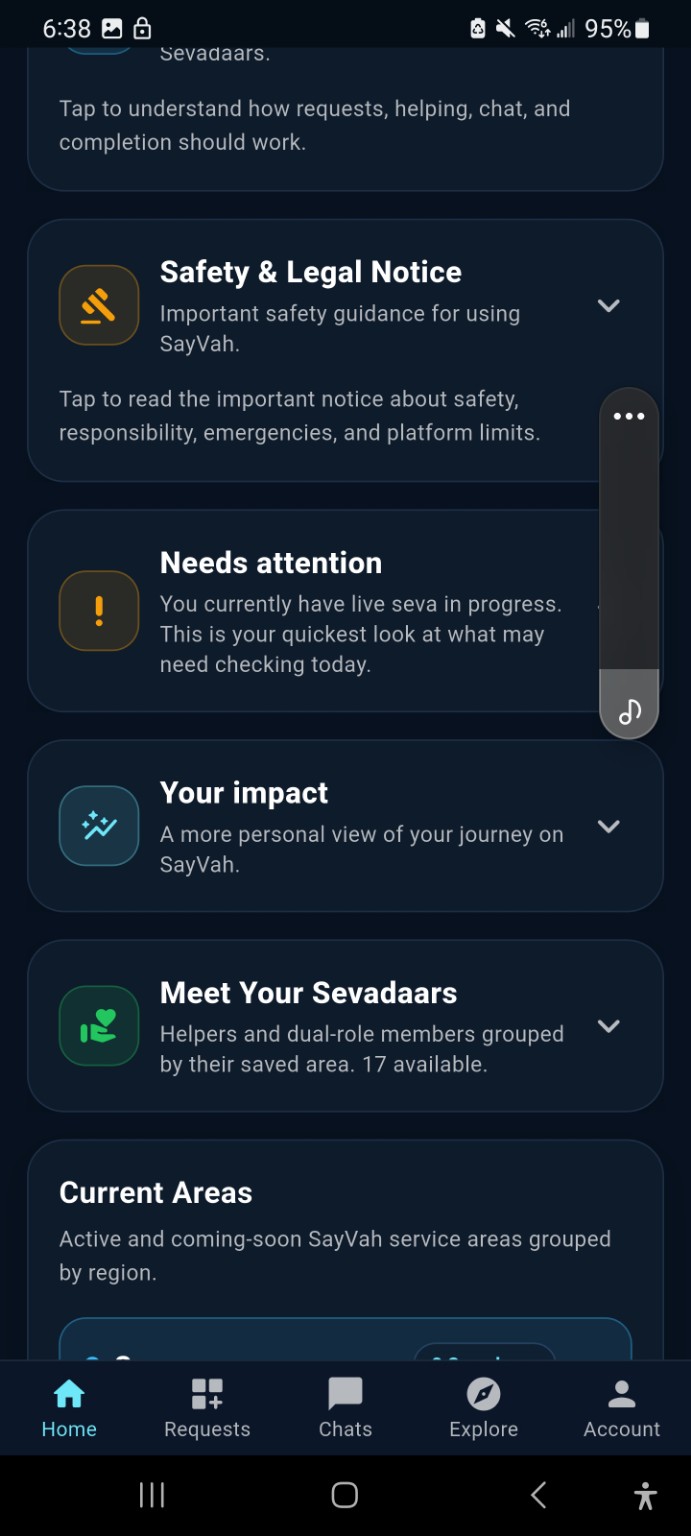 SayVah home screen showing safety legal notice, impact, sevadaars and areas