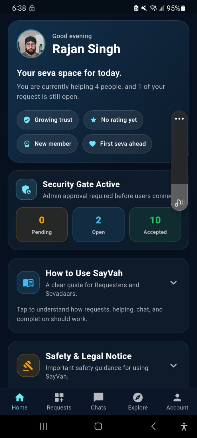 SayVah app home screen showing personal seva dashboard and safety information