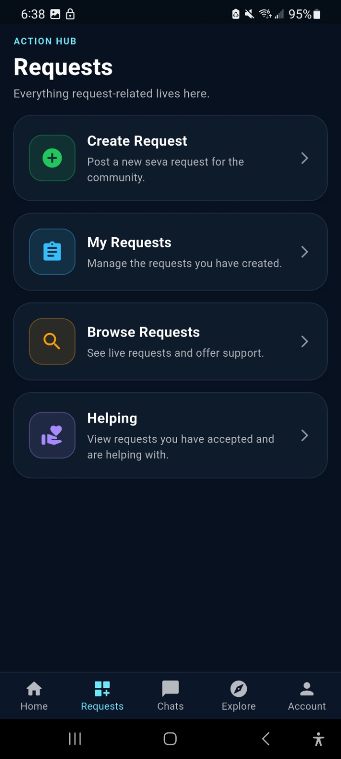 SayVah app requests screen showing create request, my requests, browse requests and helping